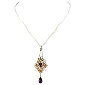 Antique Gold Enamel Amethyst Pearl Pendant Necklace on Pearl Chain