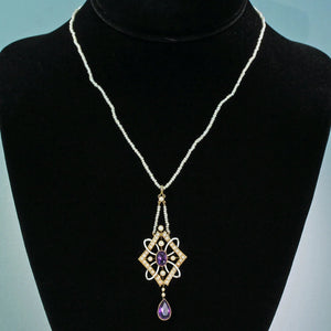 Antique Gold Enamel Amethyst Pearl Pendant Necklace on Pearl Chain