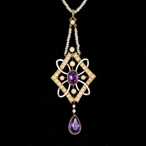 Antique Gold Enamel Amethyst Pearl Pendant Necklace on Pearl Chain