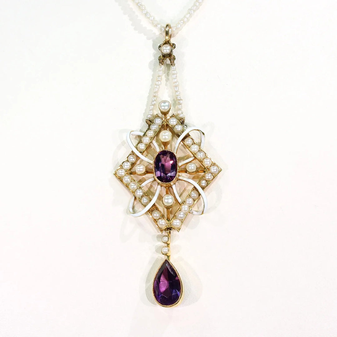 Antique Gold Enamel Amethyst Pearl Pendant Necklace on Pearl Chain