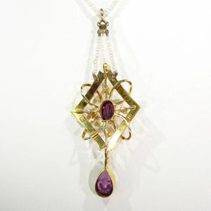 Antique Gold Enamel Amethyst Pearl Pendant Necklace on Pearl Chain