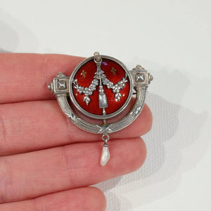 Antique Jugendstil Levinger & Bissinger Silver Enamel Brooch Red Gold