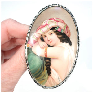 Antique Large Silver Ceramic Portrait Brooch Pin