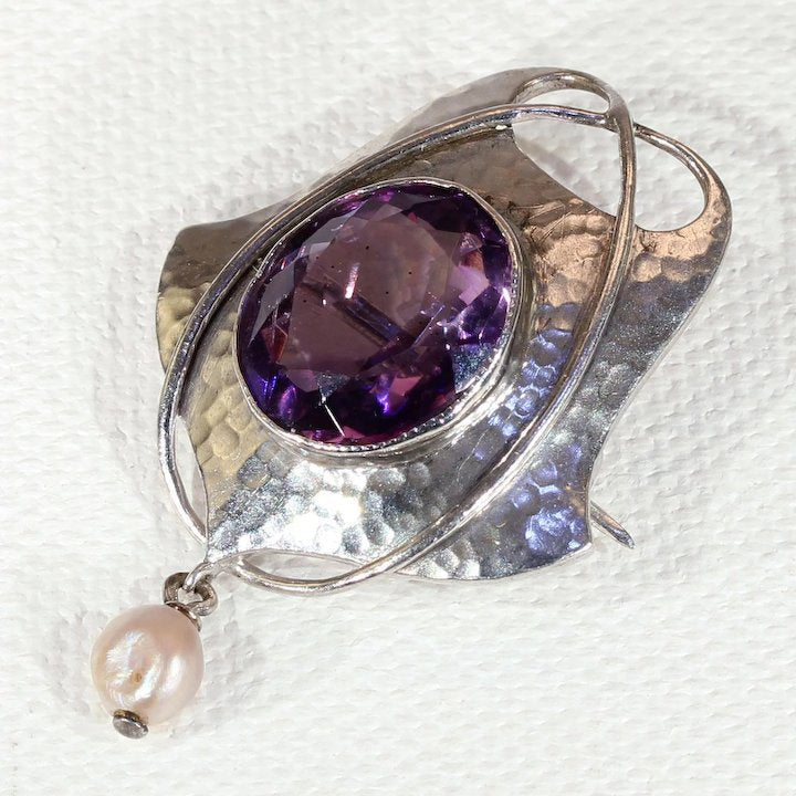 Antique Murrle Bennett & Company Amethyst Silver Brooch Pearl Drop