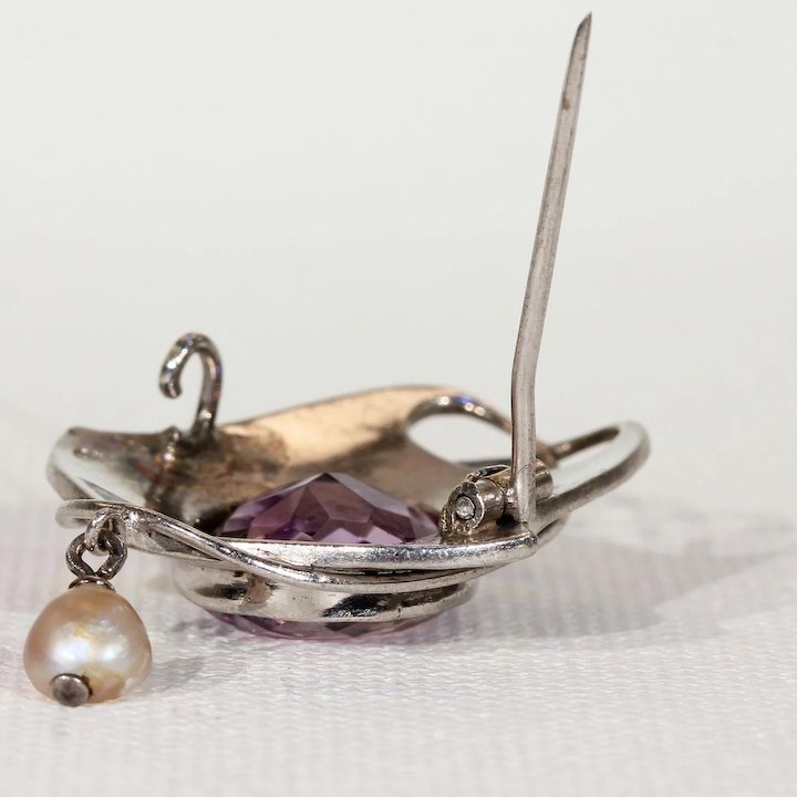 Antique Murrle Bennett & Company Amethyst Silver Brooch Pearl Drop