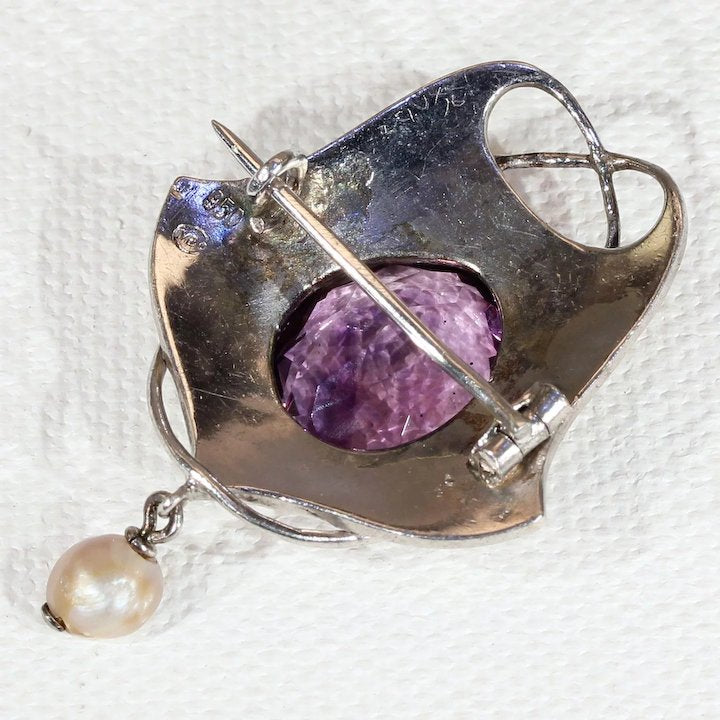 Antique Murrle Bennett & Company Amethyst Silver Brooch Pearl Drop