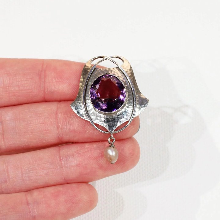 Antique Murrle Bennett & Company Amethyst Silver Brooch Pearl Drop