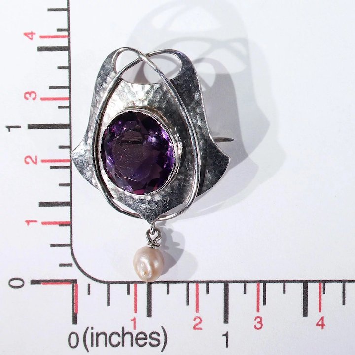 Antique Murrle Bennett & Company Amethyst Silver Brooch Pearl Drop