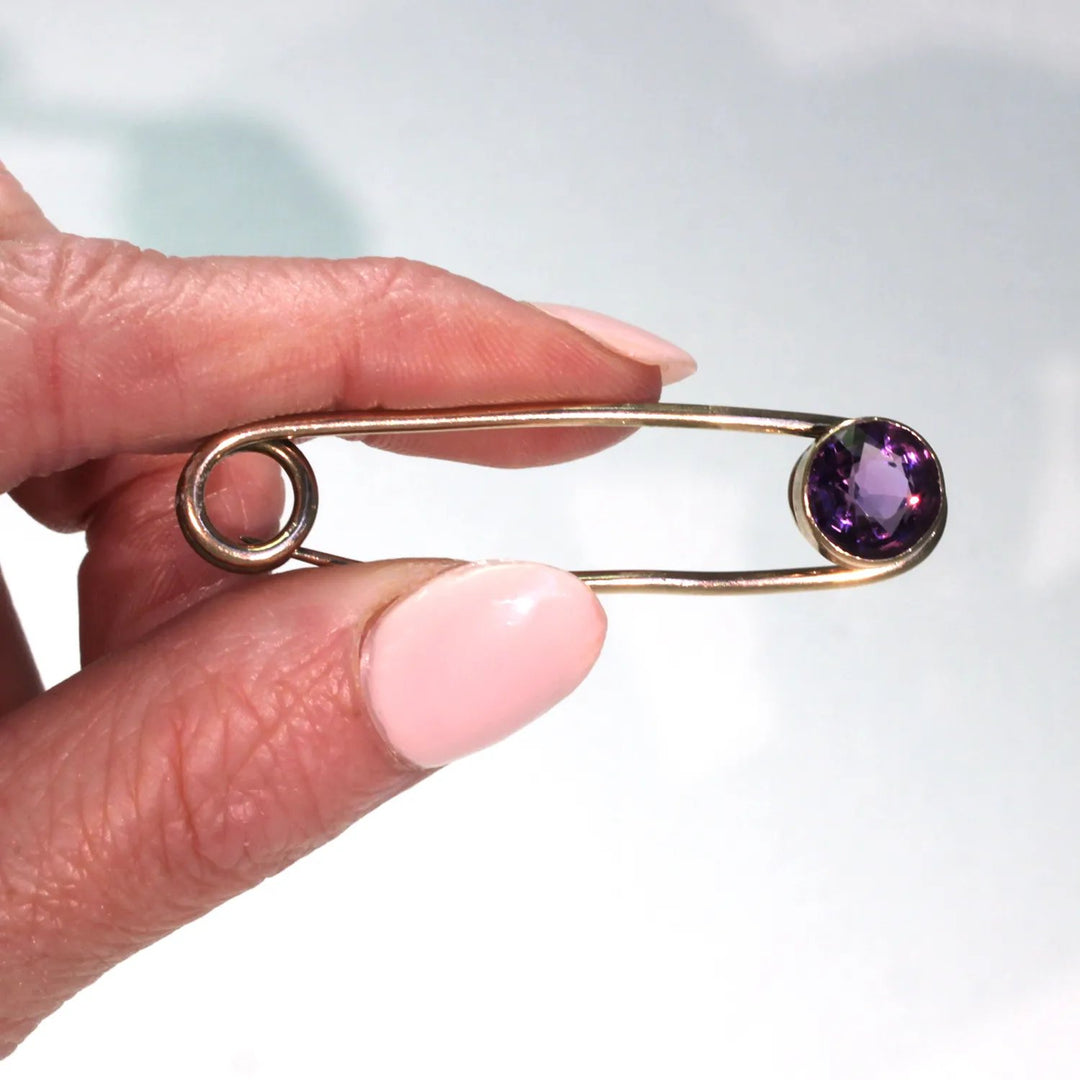 Antique Rose Gold Faceted Amethyst Safety Pin