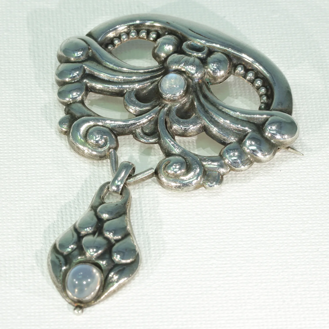 Antique Silver Moonstone Skonvirke Brooch by William Fuglede