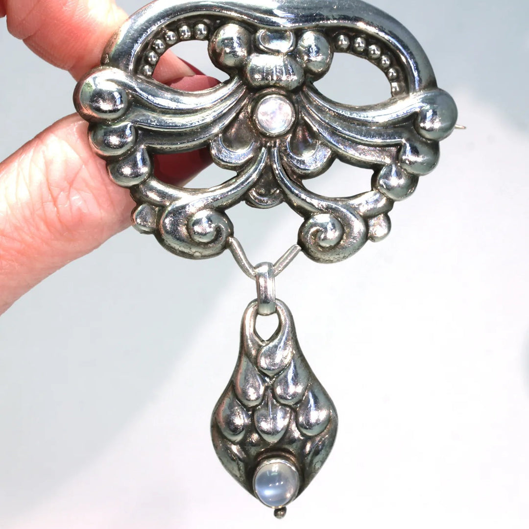 Antique Silver Moonstone Skonvirke Brooch by William Fuglede
