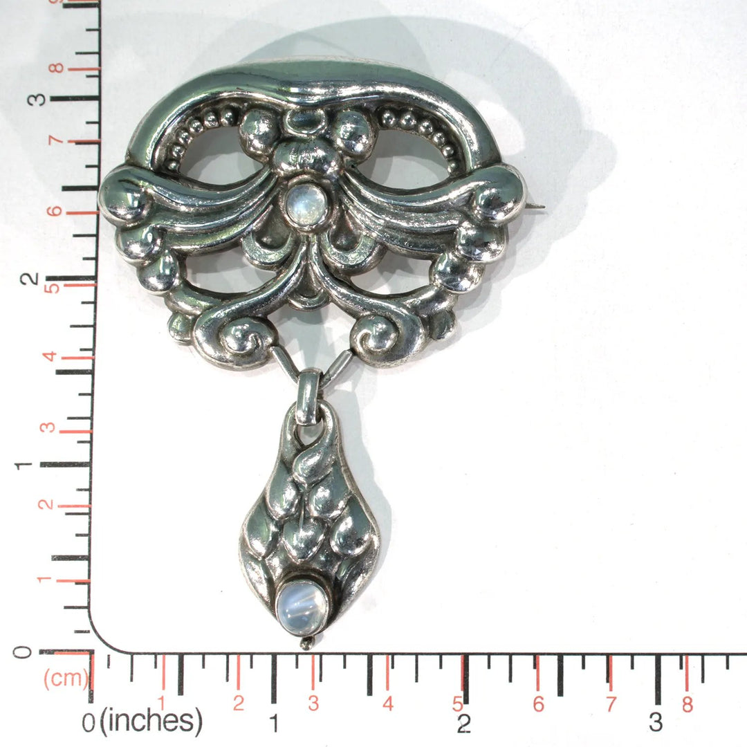 Antique Silver Moonstone Skonvirke Brooch by William Fuglede