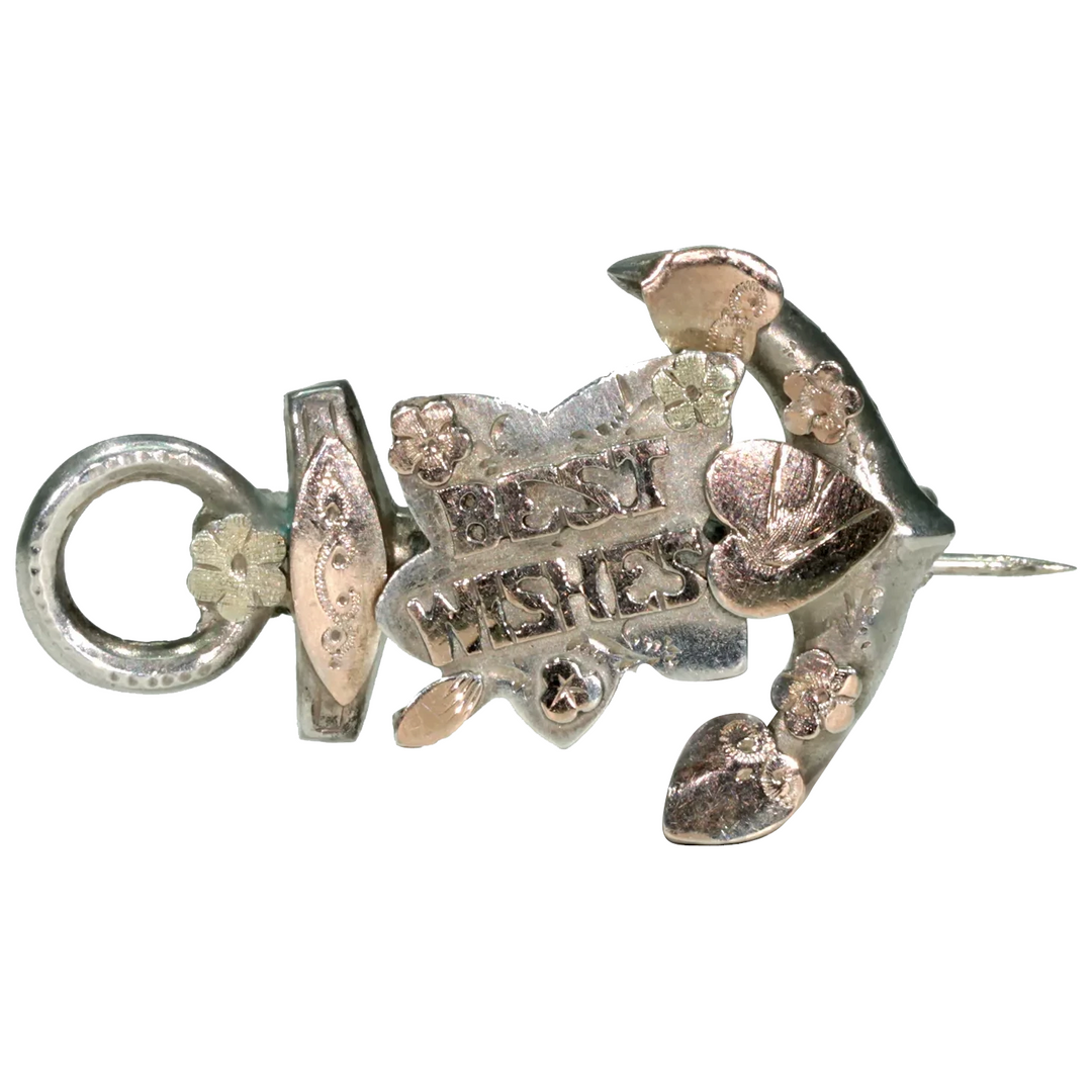 Antique Silver Sweetheart Brooch Pin "Best Wishes" Edwardian