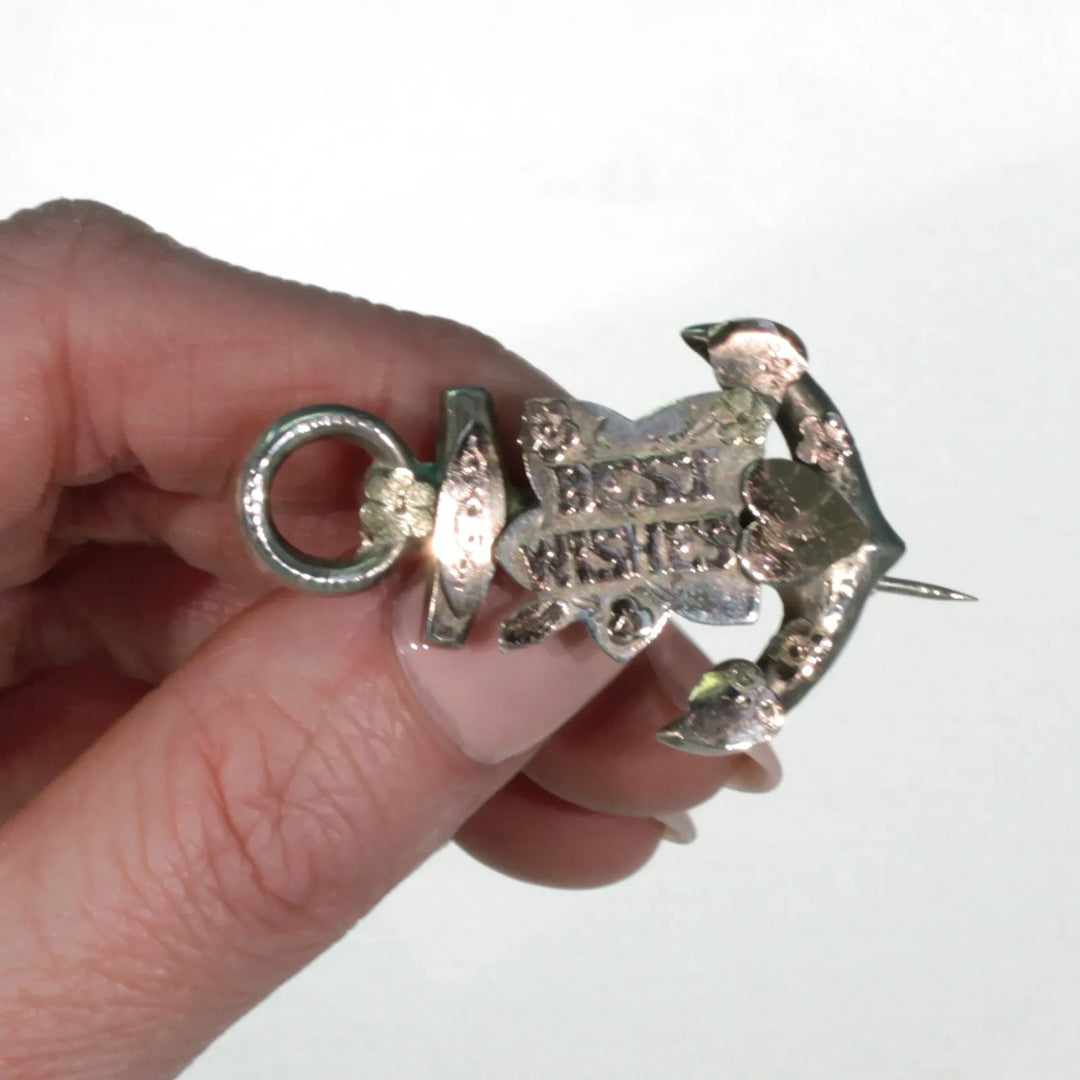 Antique Silver Sweetheart Brooch Pin "Best Wishes" Edwardian