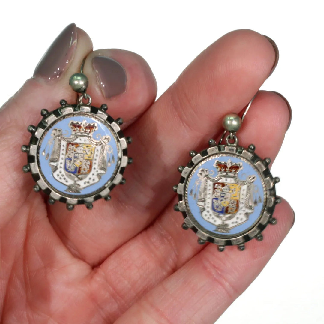 Antique Sterling Silver Enamel Earrings Coat of Arms