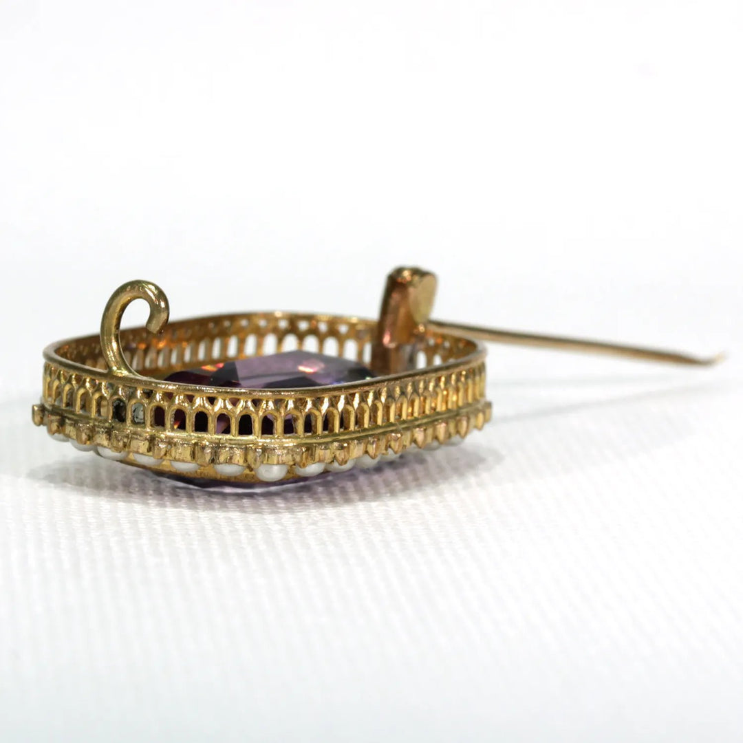 Antique Victorian Amethyst Pearl Brooch Pin Gold
