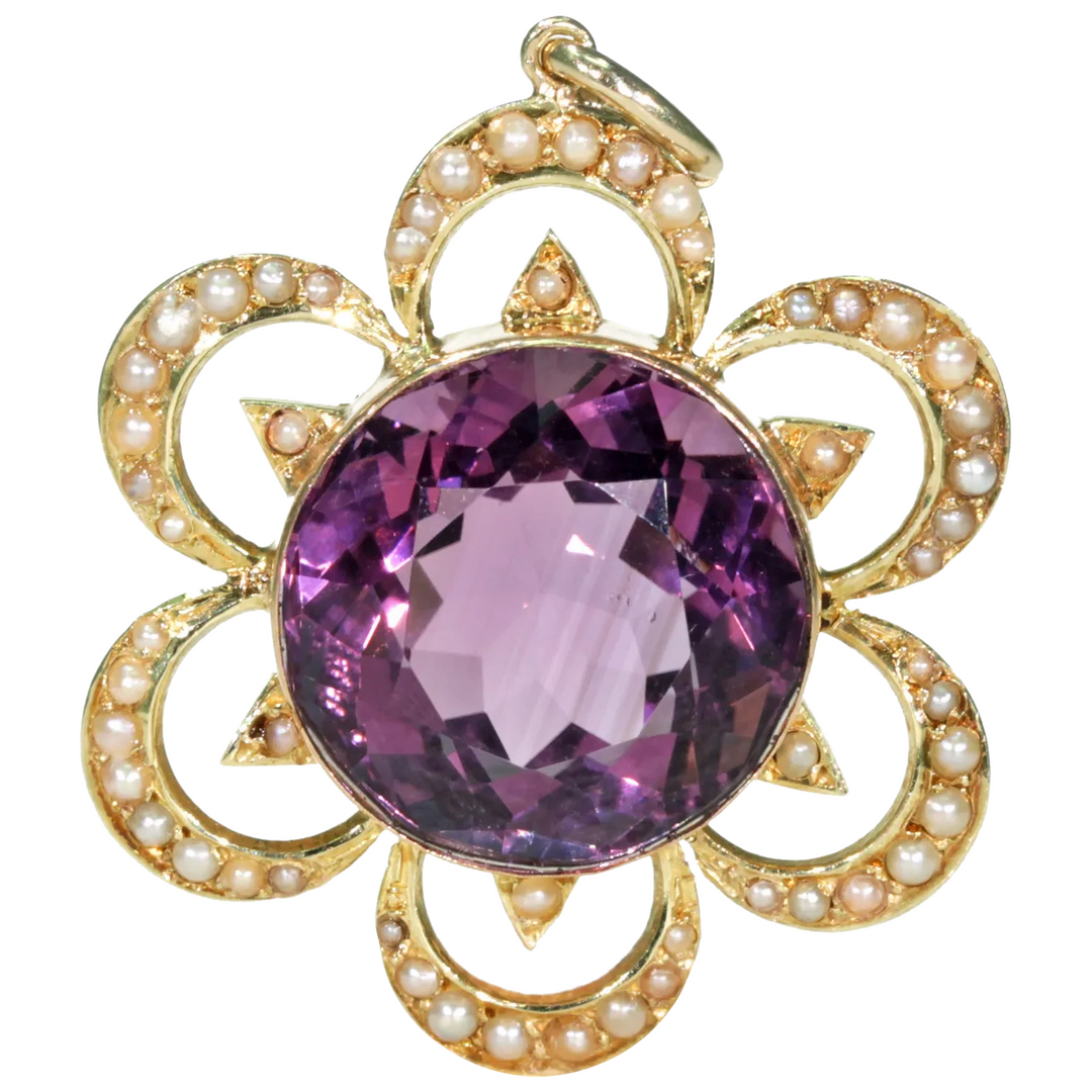 Antique Victorian Amethyst Pearl Pendant 15k Gold