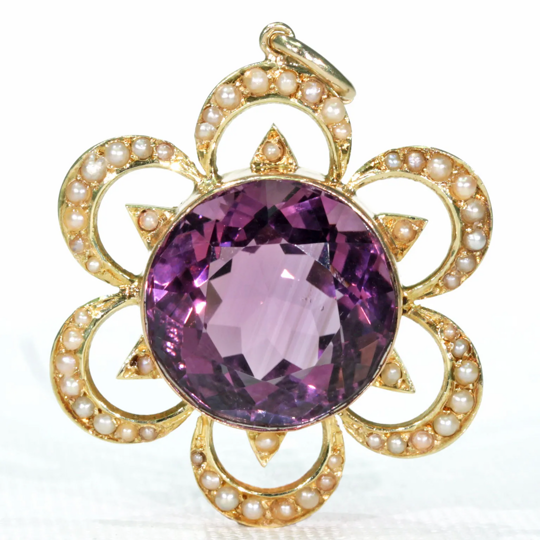 Antique Victorian Amethyst Pearl Pendant 15k Gold
