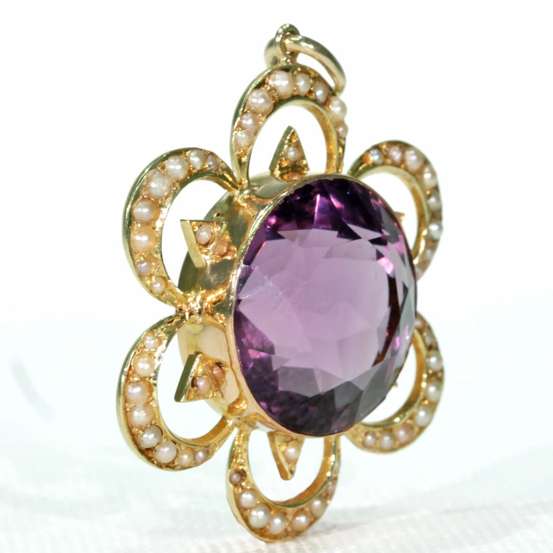Antique Victorian Amethyst Pearl Pendant 15k Gold