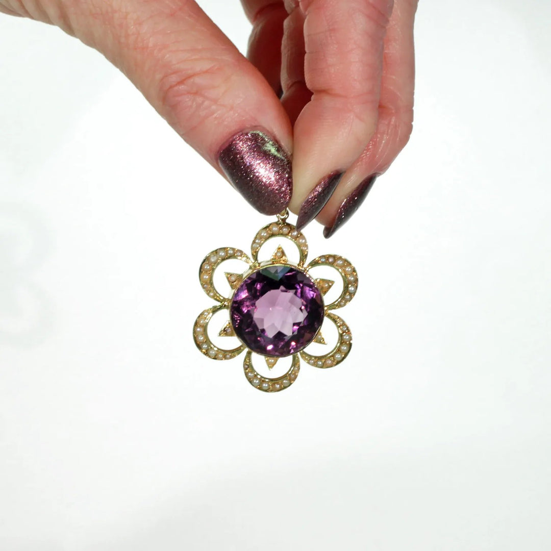 Antique Victorian Amethyst Pearl Pendant 15k Gold