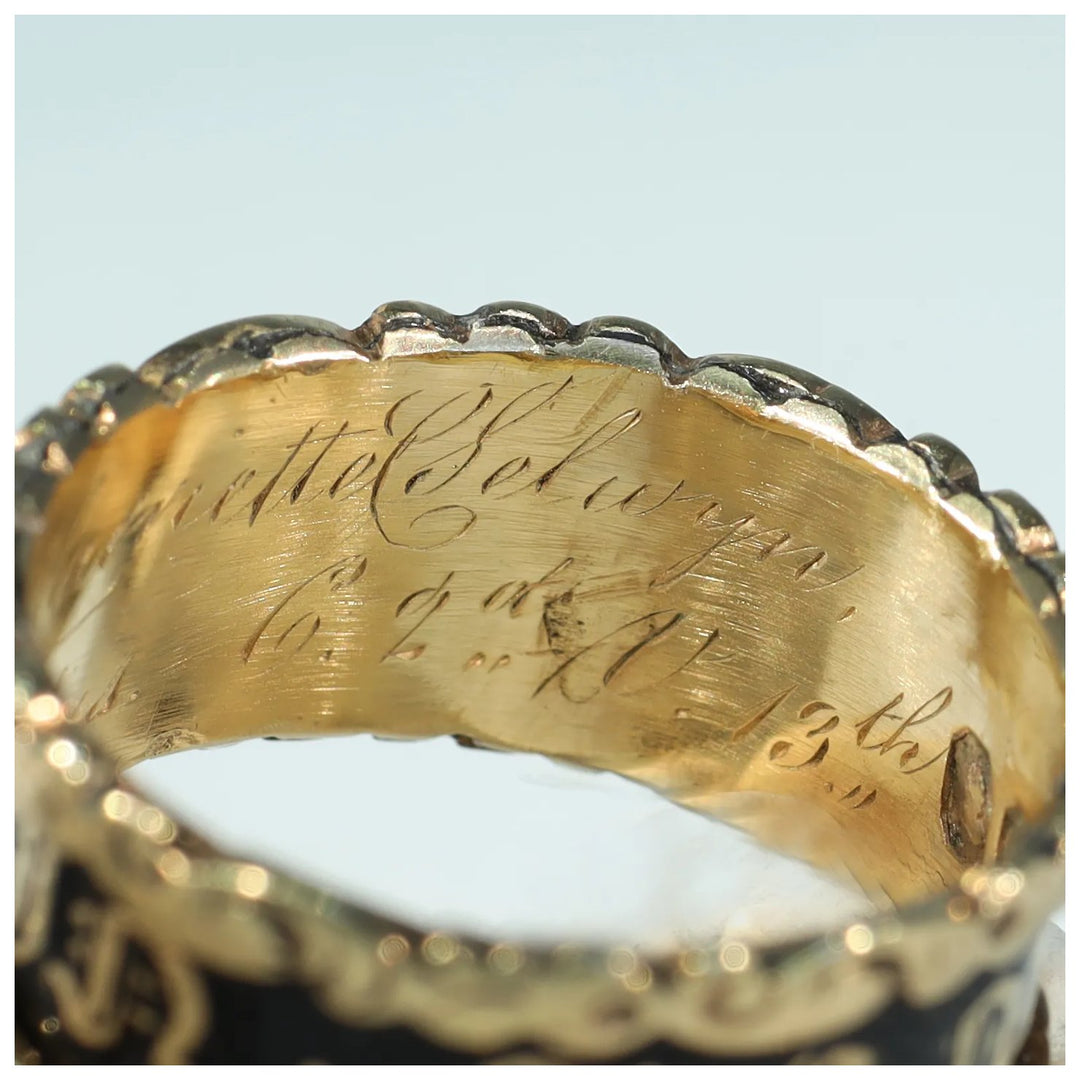 Antique Victorian Black Enamel In Memory Of Memorial Band Ring Inscribed