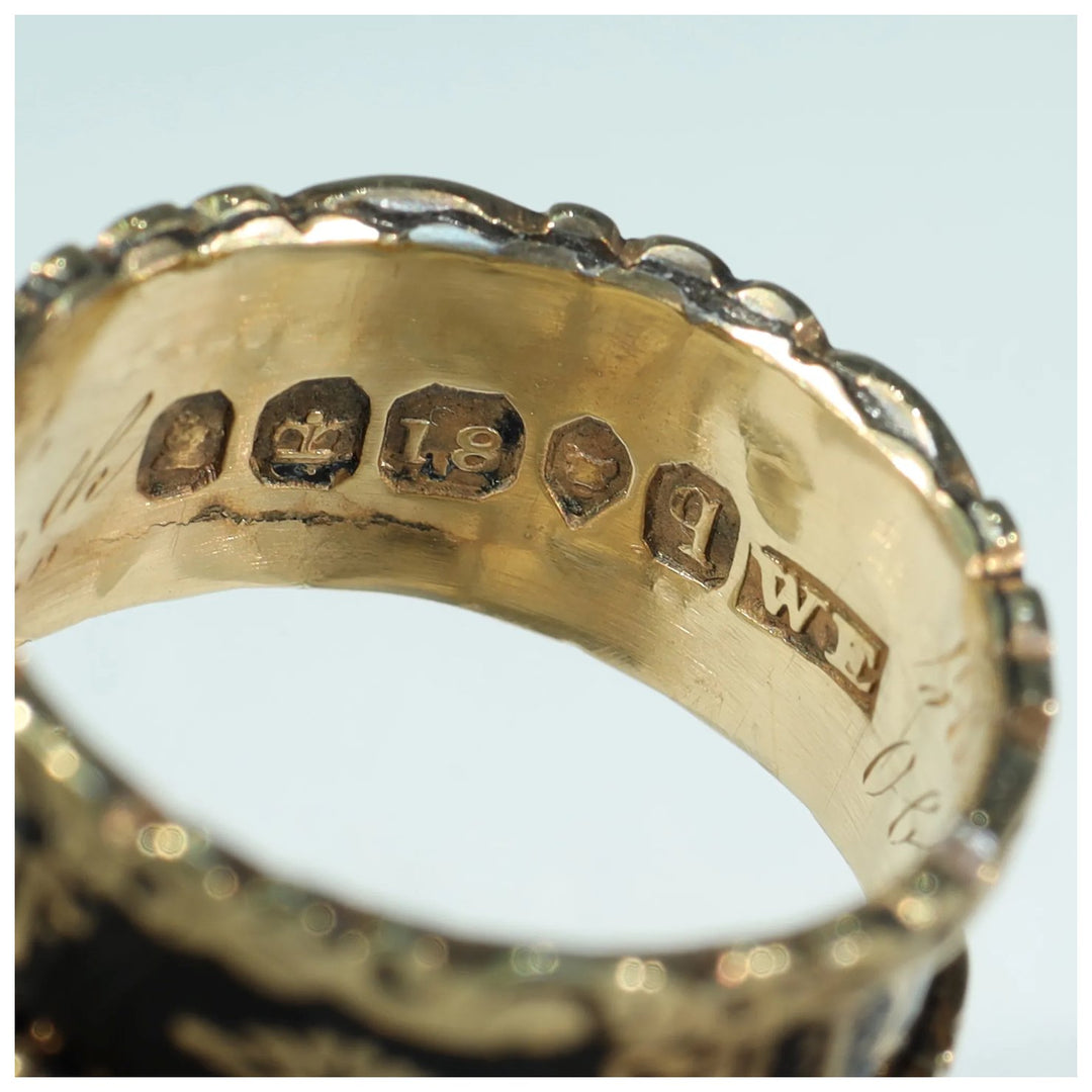 Antique Victorian Black Enamel In Memory Of Memorial Band Ring Inscribed