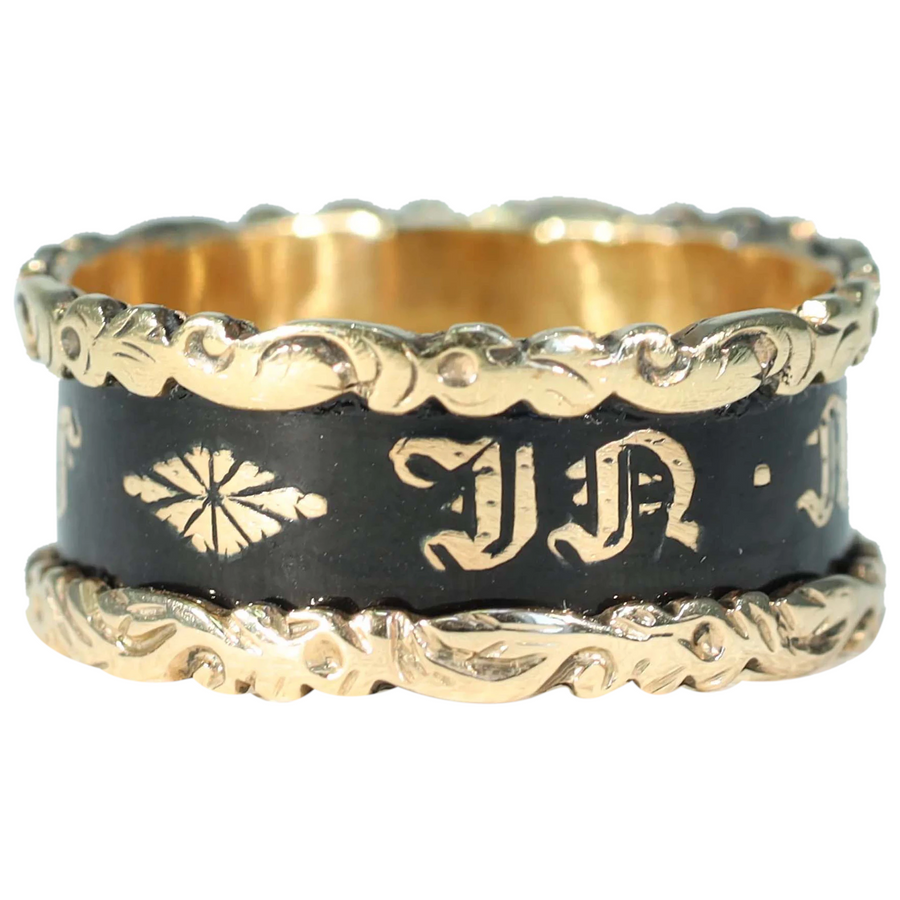 Antique Victorian Black Enamel In Memory Of Memorial Band Ring Inscribed