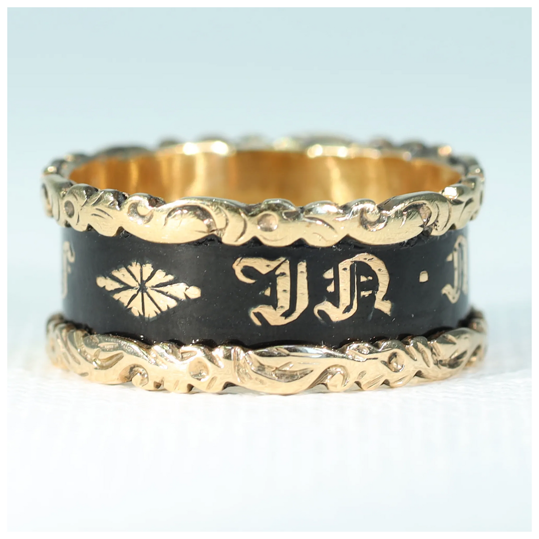 Antique Victorian Black Enamel In Memory Of Memorial Band Ring Inscribed