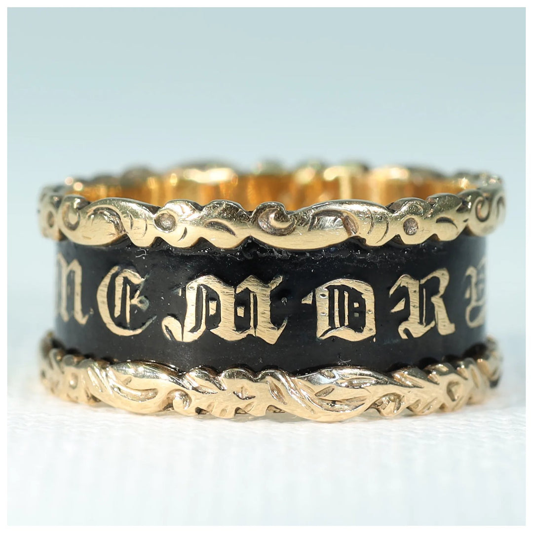 Antique Victorian Black Enamel In Memory Of Memorial Band Ring Inscribed
