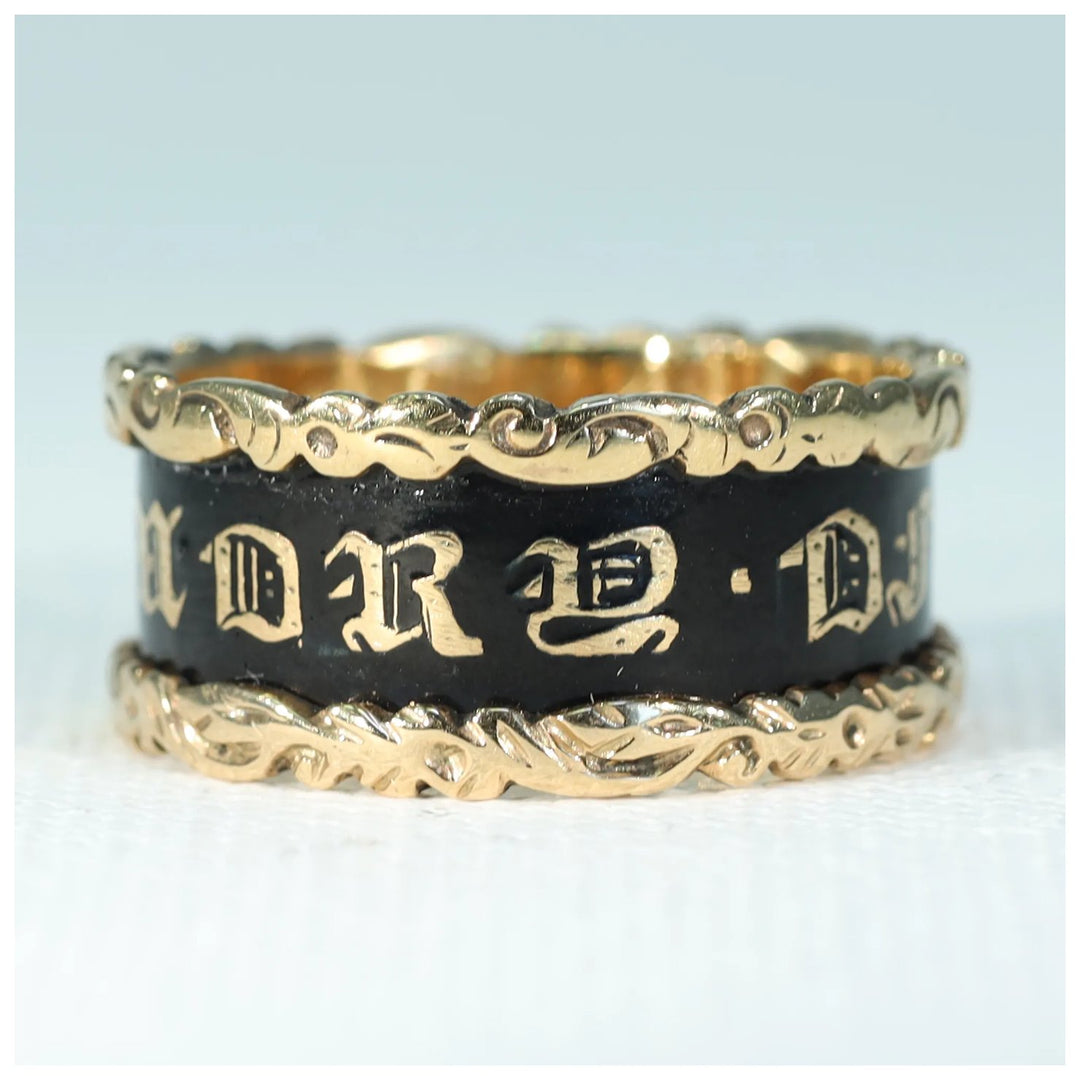 Antique Victorian Black Enamel In Memory Of Memorial Band Ring Inscribed