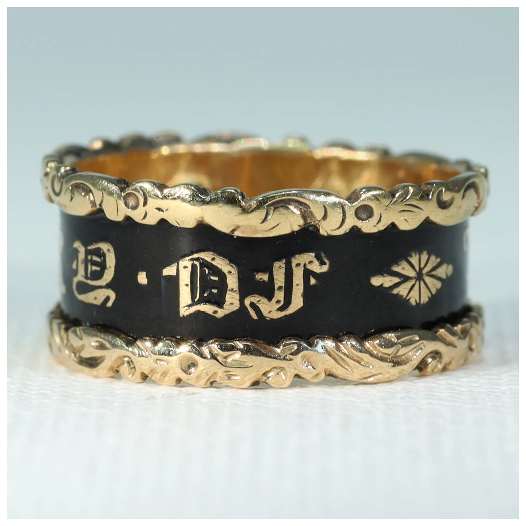 Antique Victorian Black Enamel In Memory Of Memorial Band Ring Inscribed