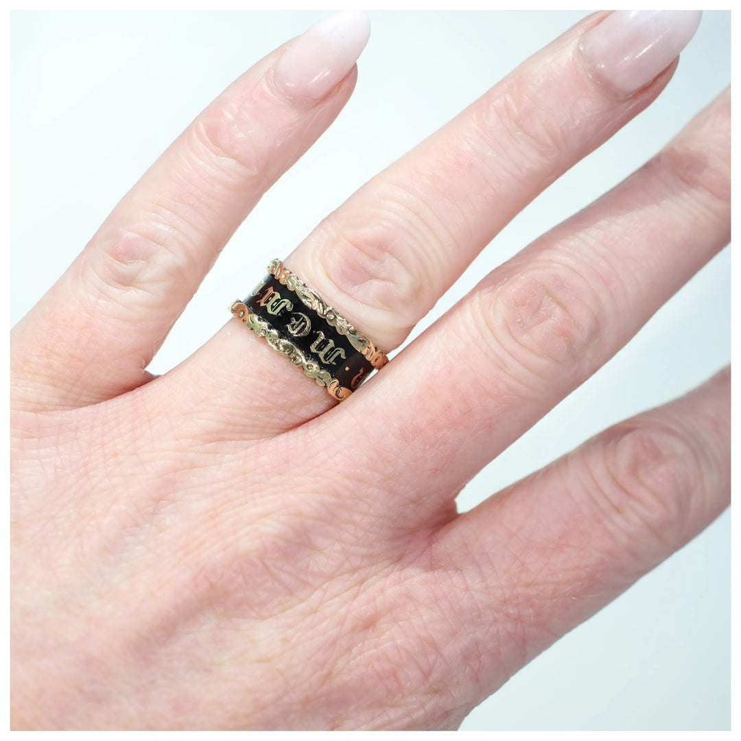 Antique Victorian Black Enamel In Memory Of Memorial Band Ring Inscribed