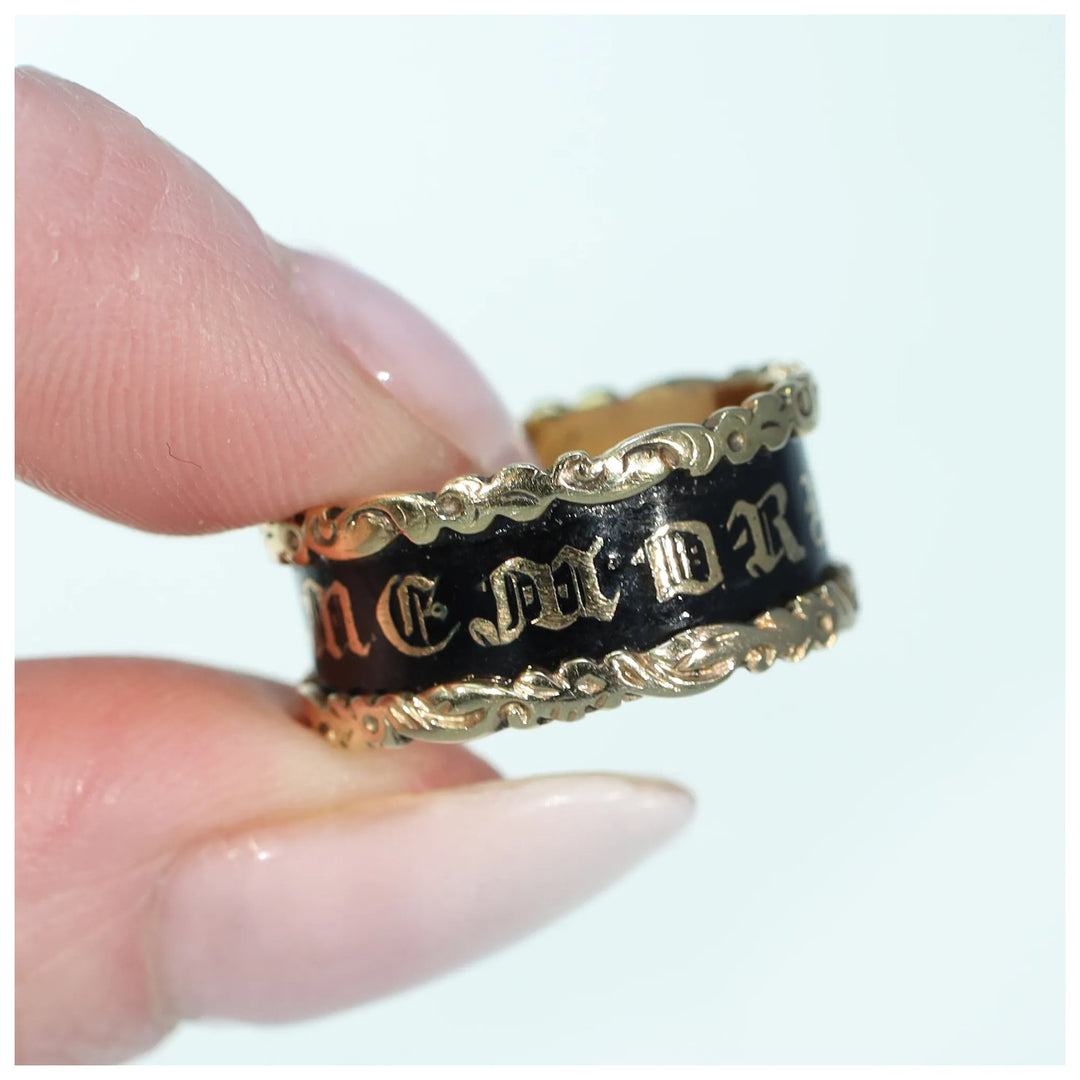 Antique Victorian Black Enamel In Memory Of Memorial Band Ring Inscribed