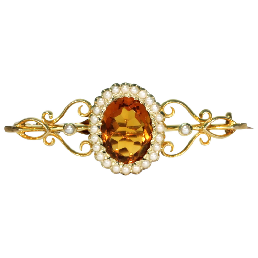 Antique Victorian Citrine Pearl Brooch Pin 15k Gold