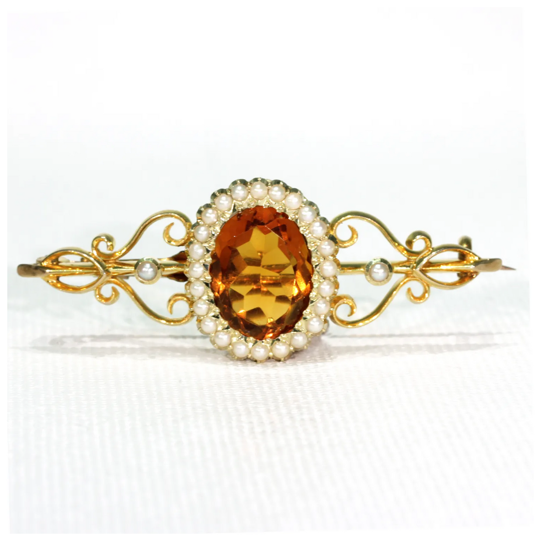 Antique Victorian Citrine Pearl Brooch Pin 15k Gold