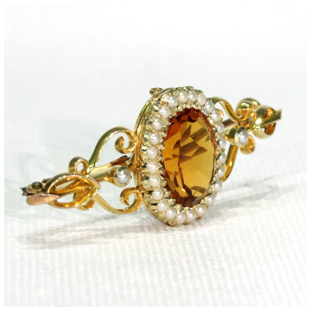 Antique Victorian Citrine Pearl Brooch Pin 15k Gold