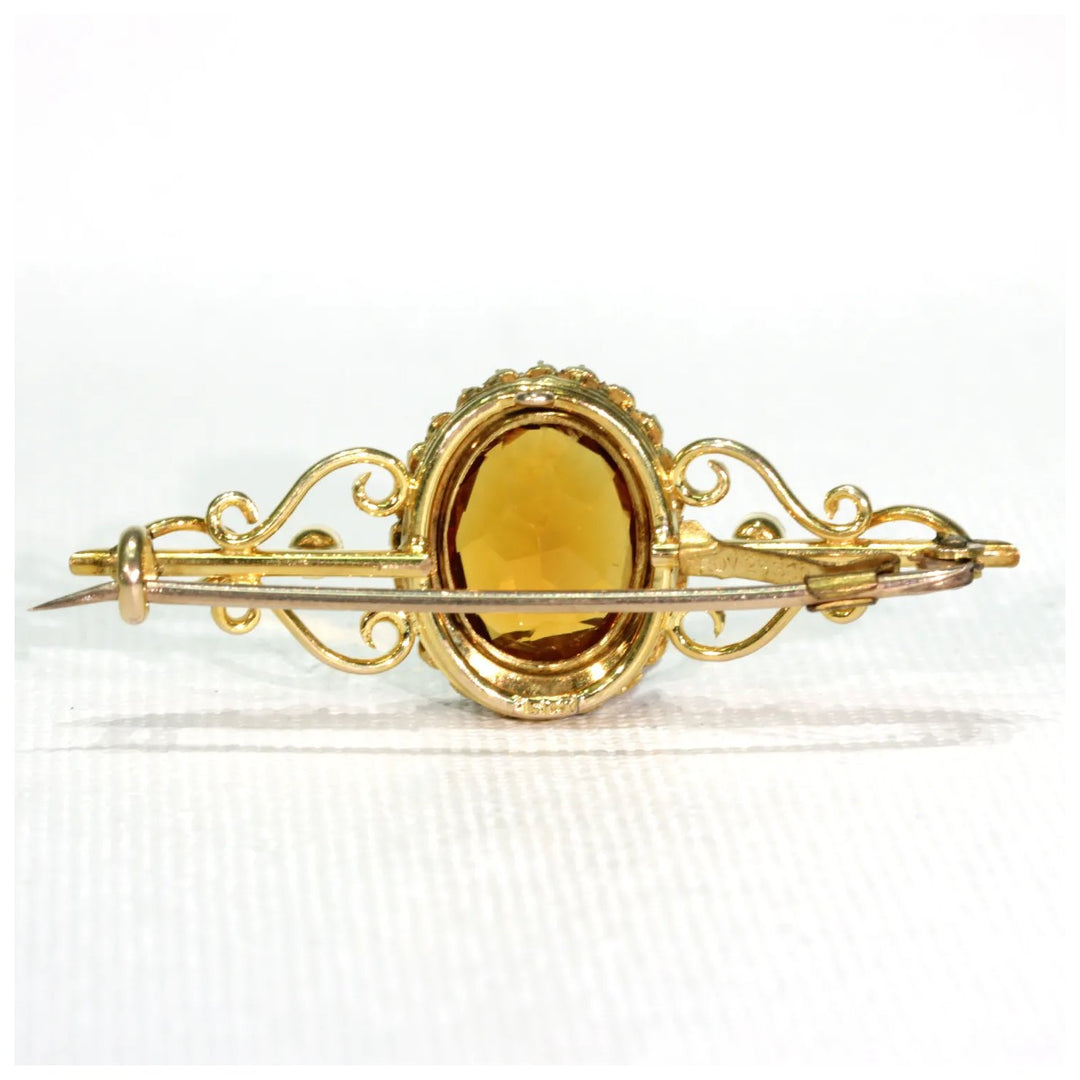Antique Victorian Citrine Pearl Brooch Pin 15k Gold