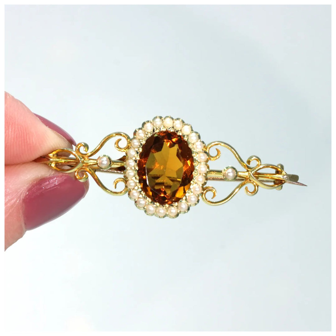 Antique Victorian Citrine Pearl Brooch Pin 15k Gold