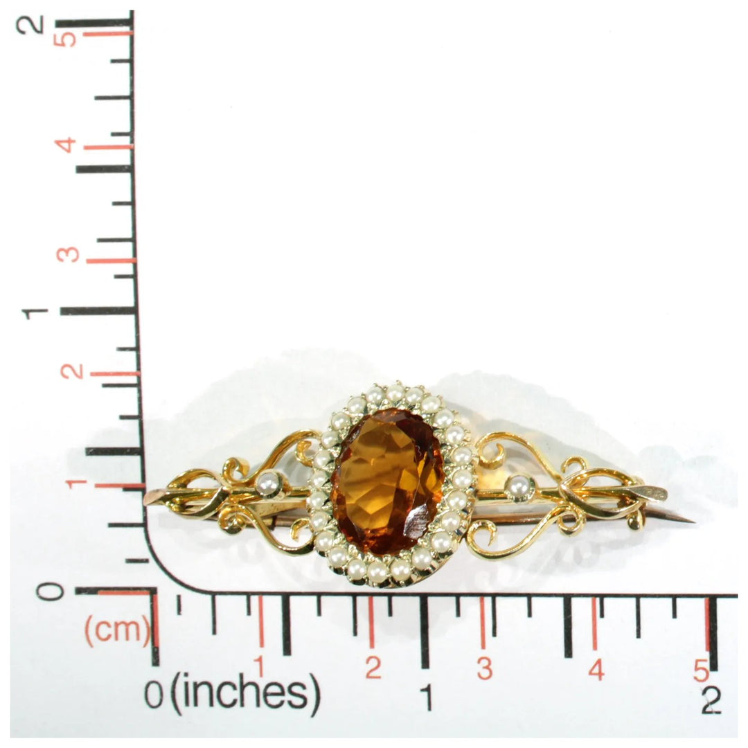 Antique Victorian Citrine Pearl Brooch Pin 15k Gold