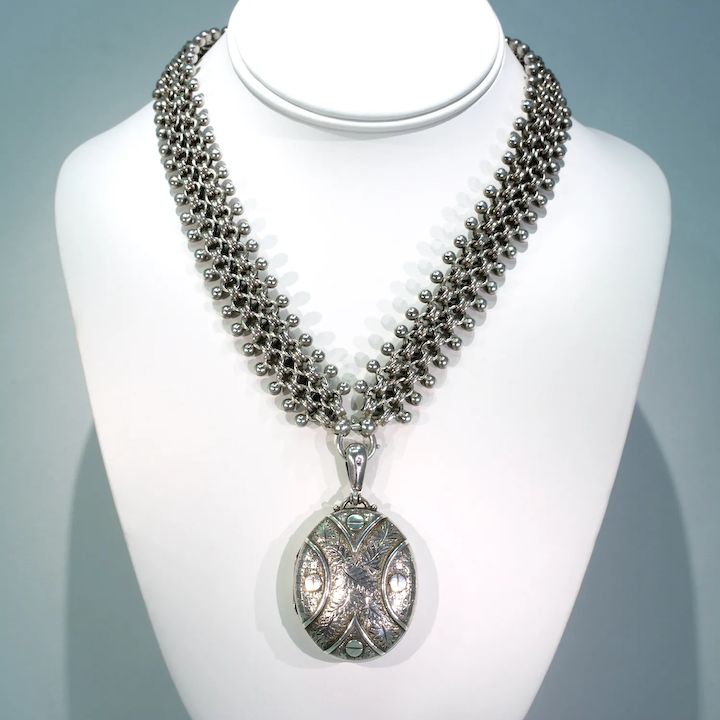 Antique Victorian Collar and Locket Necklace Sterling Silver