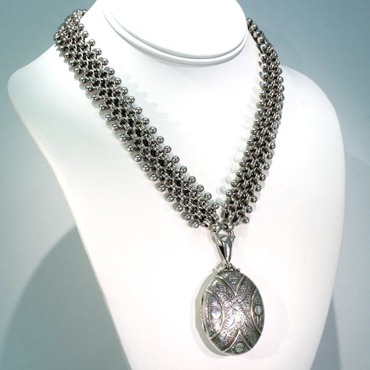 Antique Victorian Collar and Locket Necklace Sterling Silver