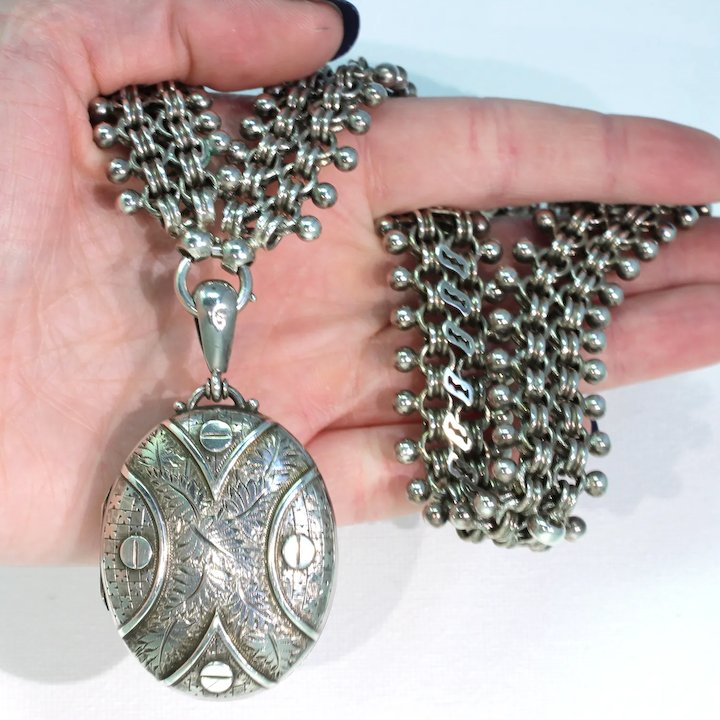 Antique Victorian Collar and Locket Necklace Sterling Silver