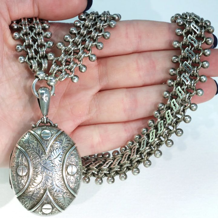 Antique Victorian Collar and Locket Necklace Sterling Silver