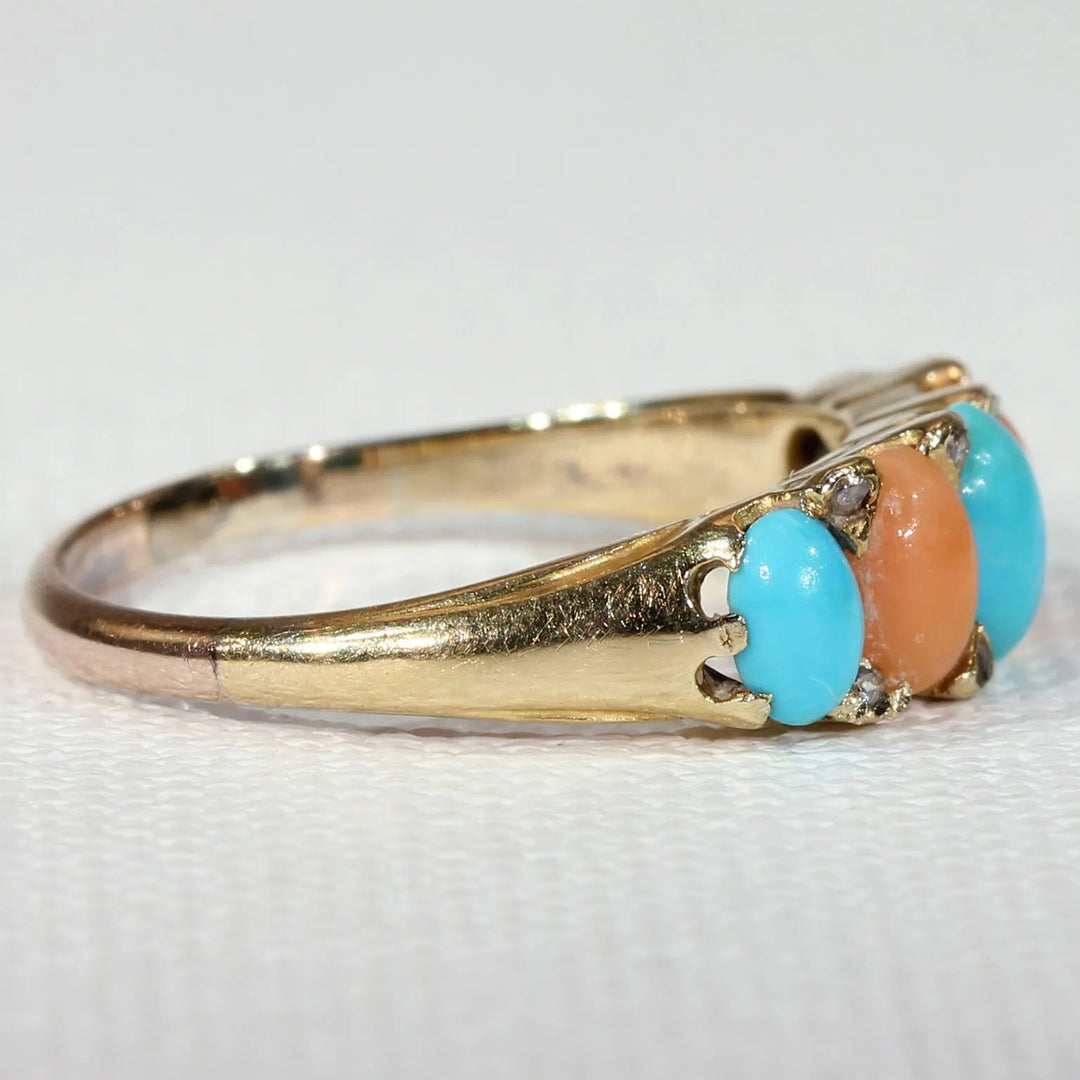 Antique Victorian Coral Turquoise Diamond Ring 18k Gold