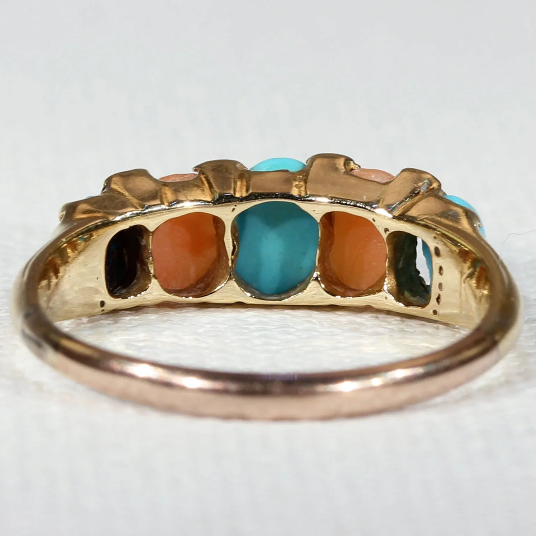 Antique Victorian Coral Turquoise Diamond Ring 18k Gold