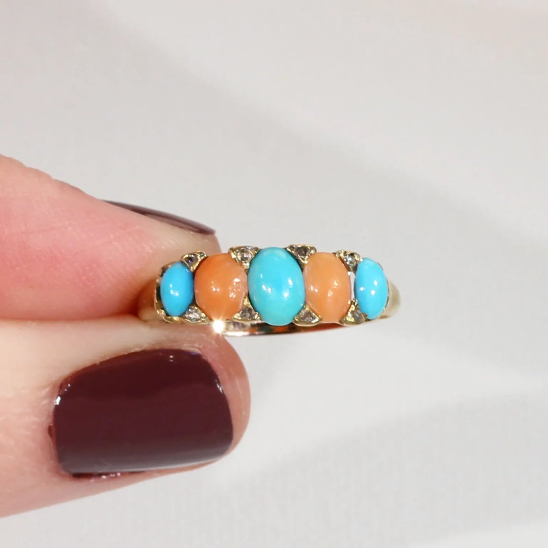 Antique Victorian Coral Turquoise Diamond Ring 18k Gold