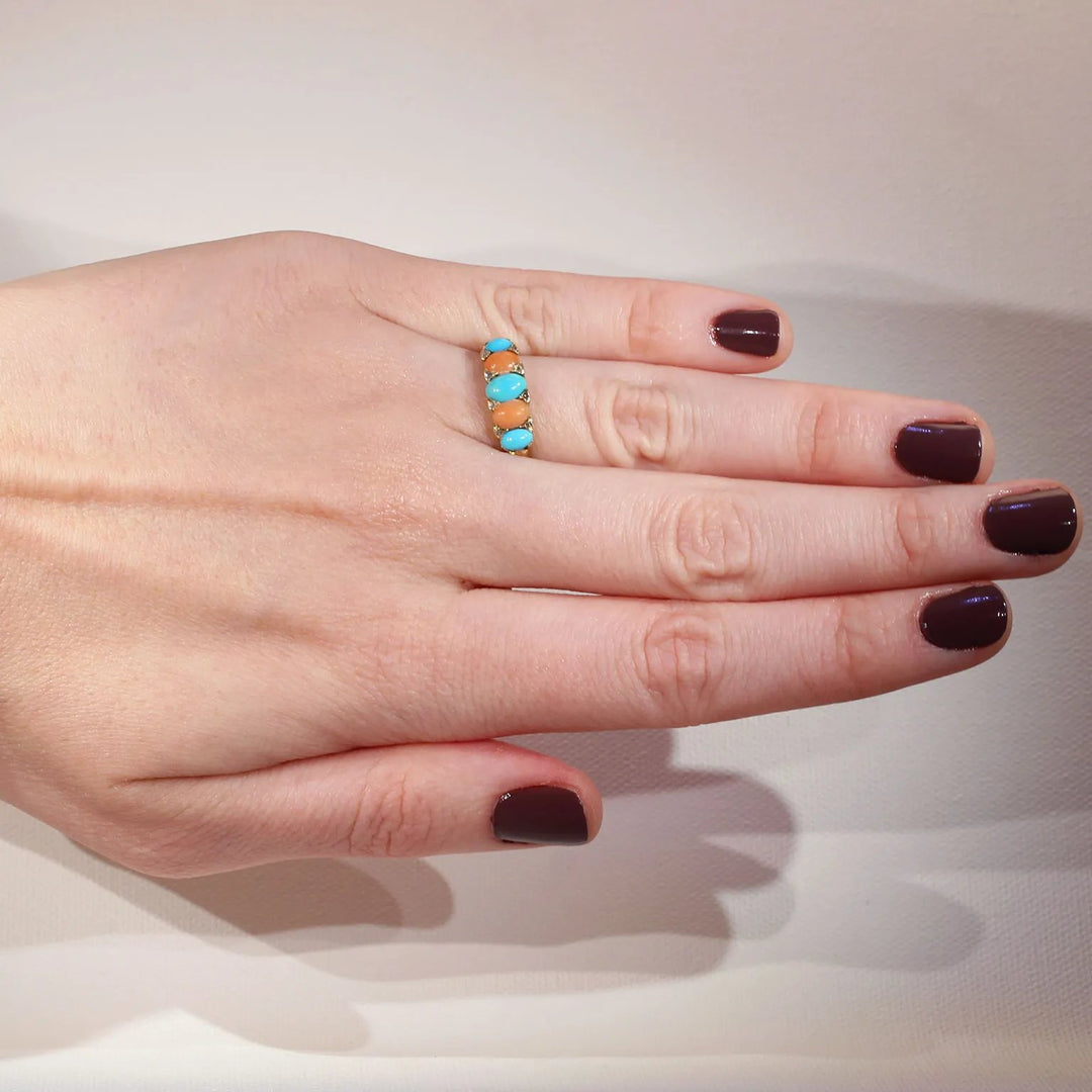Antique Victorian Coral Turquoise Diamond Ring 18k Gold