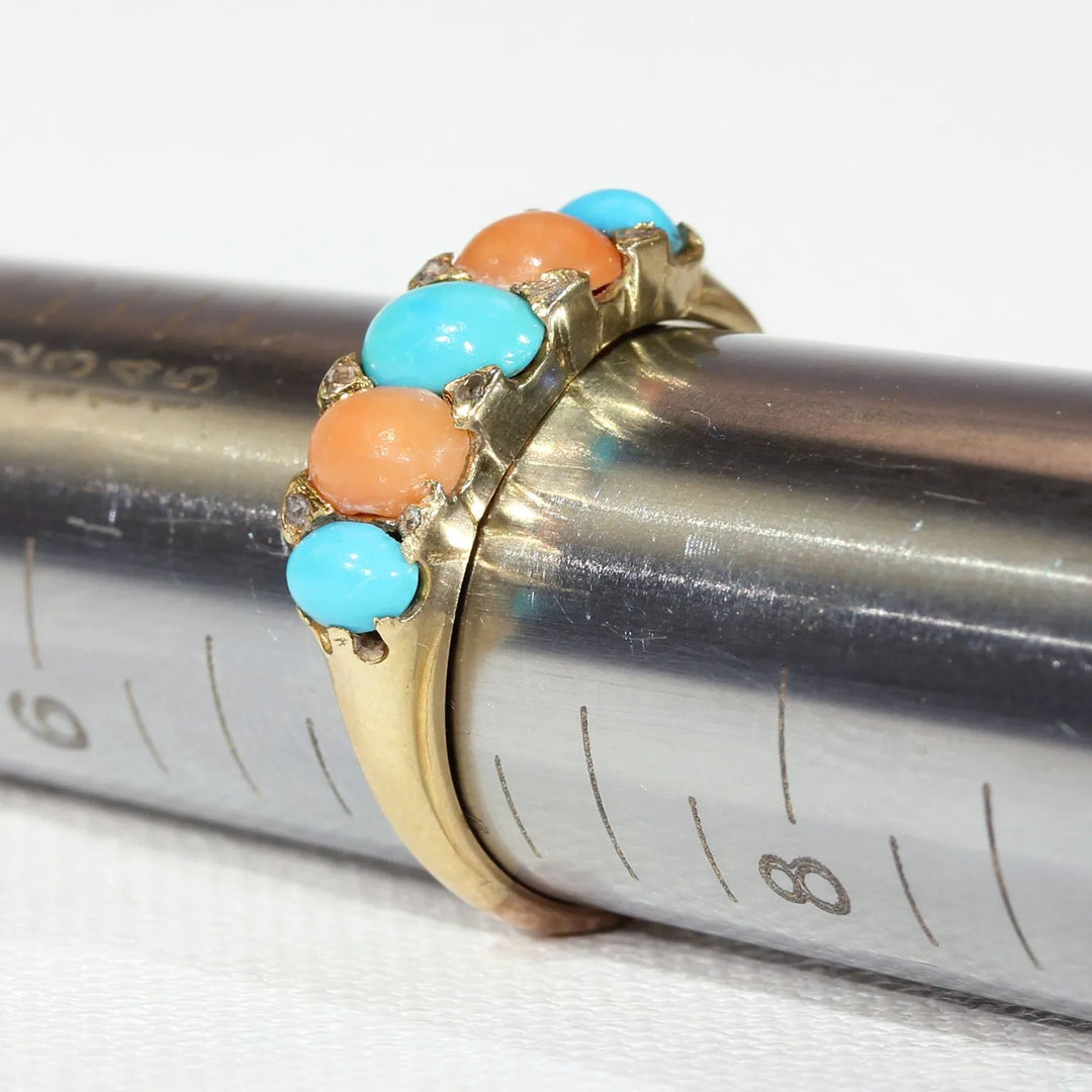 Antique Victorian Coral Turquoise Diamond Ring 18k Gold