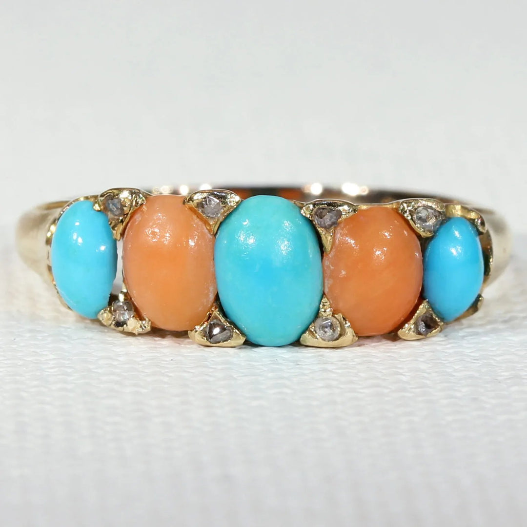 Antique Victorian Coral Turquoise Diamond Ring 18k Gold