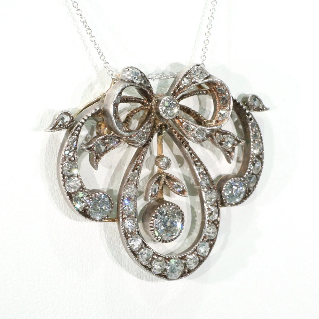 Antique Victorian Diamond Bow Necklace 15k Gold Silver Set